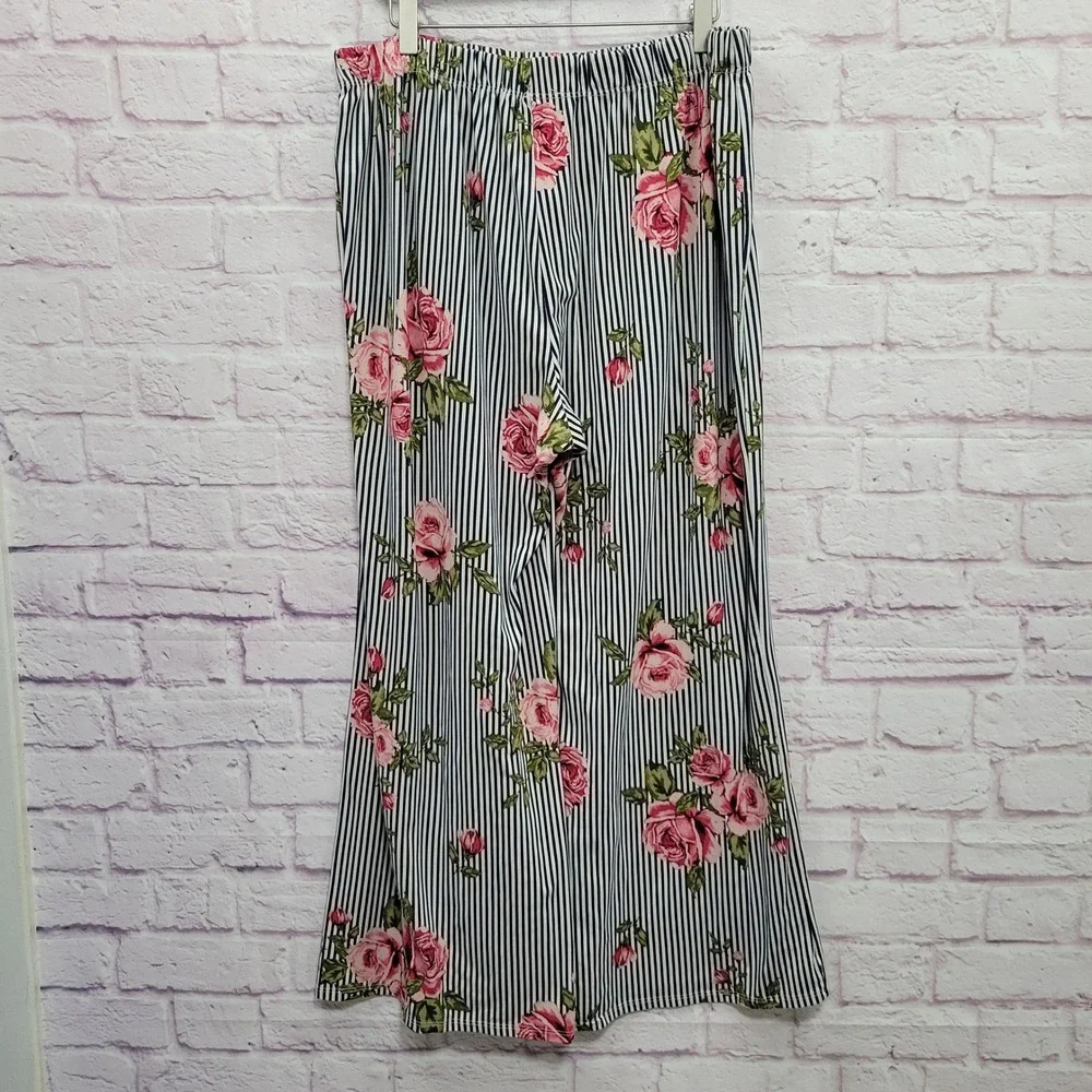 Wilde Floral Striped Wide Leg Pants 1X‎ Flowy Cottagecore Cozy Loungewear Hippie
